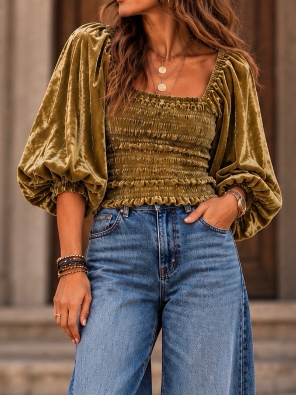 Anthropologie Olive Green Smocked Velvet Puff-Sleeve Top